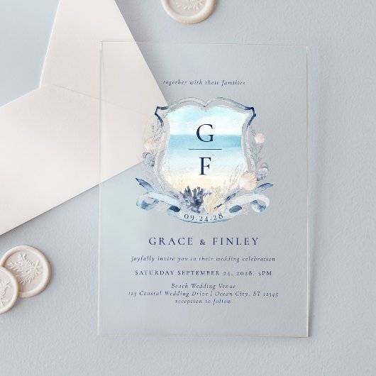 Elegante Waterverf strand Monogram Crest bruiloft Acryl Uitnodigingen