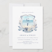 Elegante Waterverf strand Monogram Crest bruiloft Kaart (Voorkant)