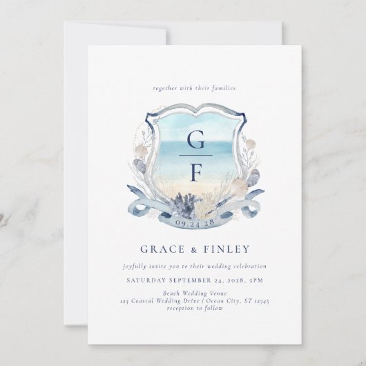 Elegante Waterverf strand Monogram Crest bruiloft Kaart (Voorkant)