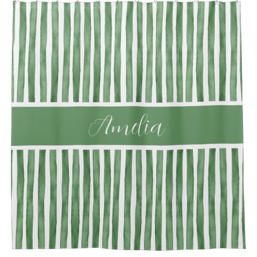 Elegante Waterverf Stripes Sage Green Custom Name Douchegordijn (Voorkant)