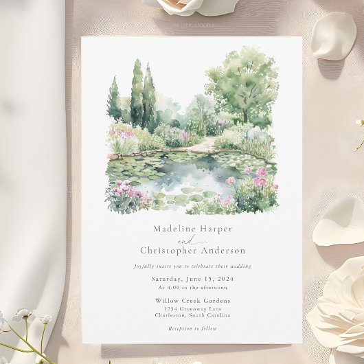 Elegante Waterverf Summer Garden Landscape Wedding Kaart