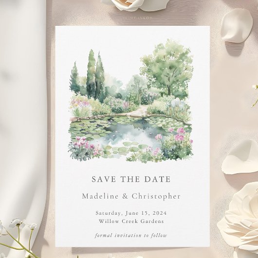 Elegante Waterverf Summer Garden Landscape Wedding Save The Date