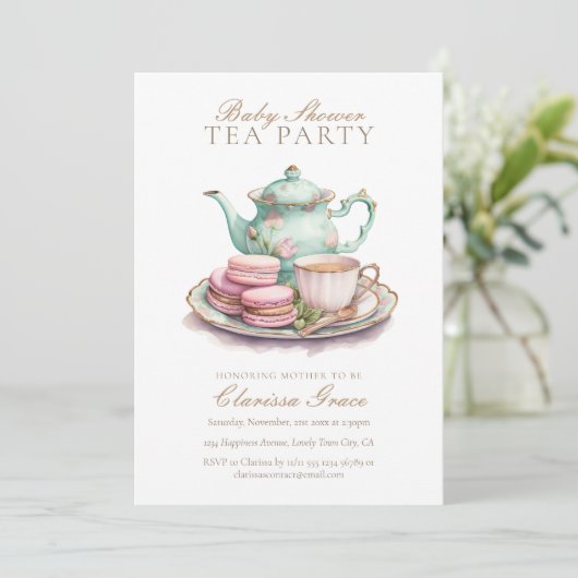 Elegante Waterverf Tea Party Baby shower Kaart (Staand voorkant)