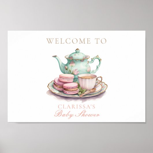 Elegante Waterverf Tea Party Goud Roze Baby shower Poster (Voorkant)