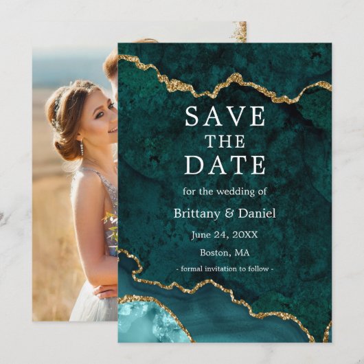 Elegante Waterverf Teal Marmer Agate Geode Foto Save The Date (Voorkant / Achterkant)