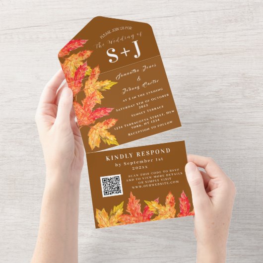 Elegante Waterverf Terracotta Leaves Wedding RSVP All In One Uitnodiging (Afscheurbaar)
