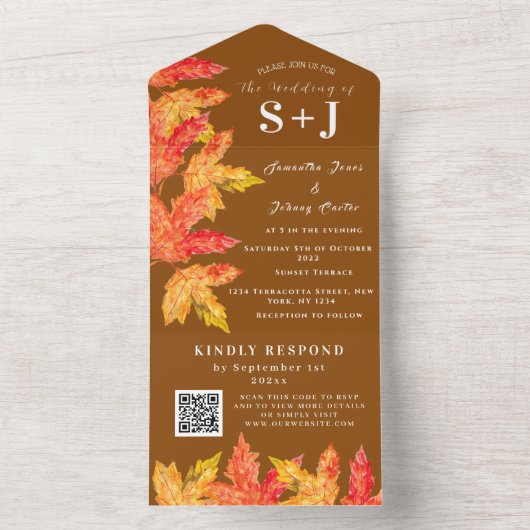 Elegante Waterverf Terracotta Leaves Wedding RSVP All In One Uitnodiging (Binnen)