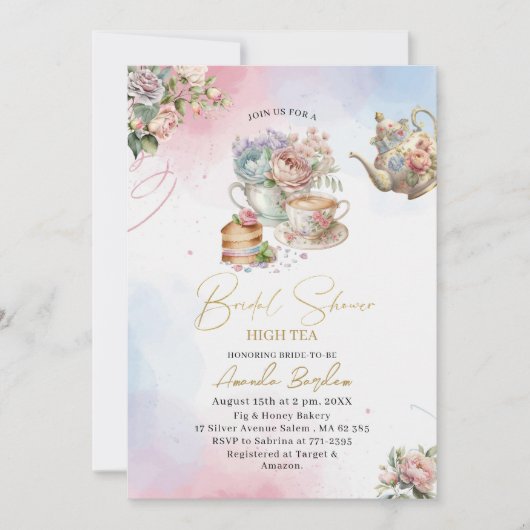 Elegante waterverf thee party meisje roze gouden b kaart (Voorkant)