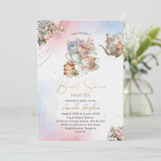 Elegante waterverf thee party meisje roze gouden b kaart (Staand voorkant)