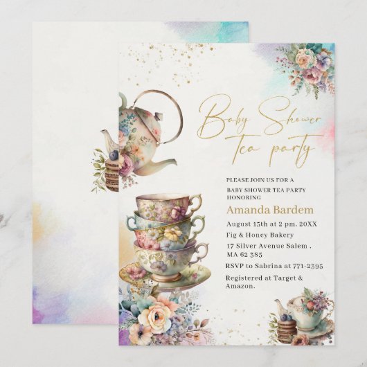 Elegante waterverf theefeest meisje roze gouden ba kaart (Voorkant / Achterkant)