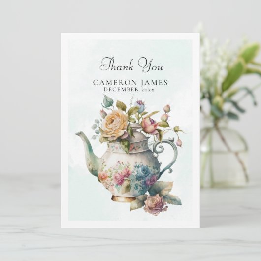 Elegante Waterverf Theepot Bloem Thee Party Bedankkaart (Staand voorkant)