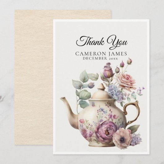 Elegante Waterverf theepot bloementheefeest Bedankkaart (Voorkant / Achterkant)