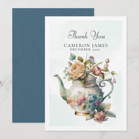Elegante Waterverf theepot bloementheefeest Bedankkaart (Voorkant / Achterkant)