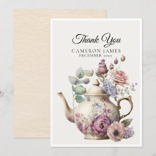 Elegante Waterverf Theepot Bloemige Theepartij Bedankkaart