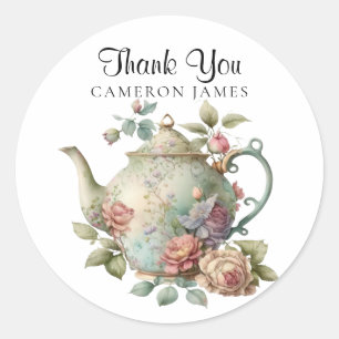 Elegante Waterverf Theepot Bloemige Theepartij Ronde Sticker
