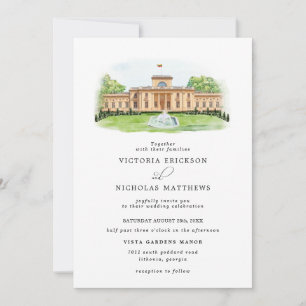 Elegante Waterverf Trakų Vokė Landhuis Bruiloft  Kaart