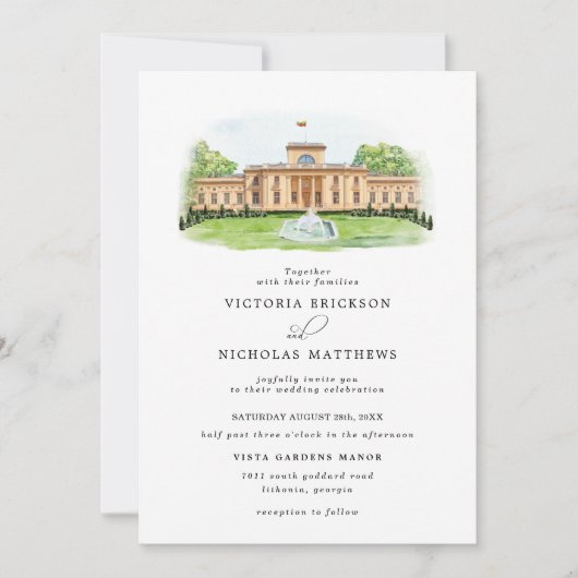 Elegante Waterverf Trakų Vokė Manor Wedding Kaart (Voorkant)