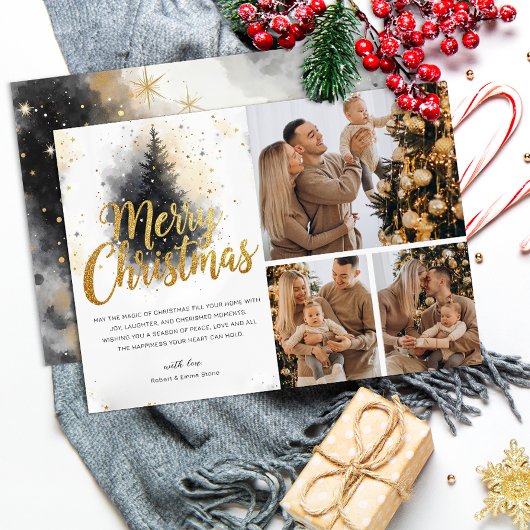 Elegante Waterverf Tree Multi Photo kerst Kaart