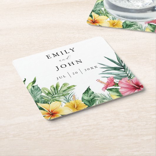 Elegante Waterverf Tropical Flowers bruiloft Kartonnen Onderzetters (Schuin)