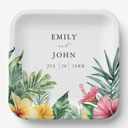 Elegante Waterverf Tropical Flowers bruiloft Papieren Bordje (Voorkant)