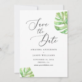 Elegante waterverf tropisch monstera bruiloft save the date