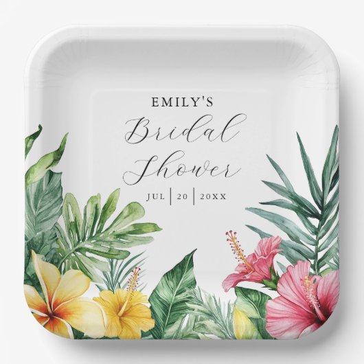 Elegante Waterverf Tropische Bloemachtige Bruidsdo Papieren Bordje (Voorkant)