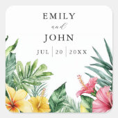 Elegante Waterverf Tropische Bloemen Huwelijksguns Vierkante Sticker (Voorkant)