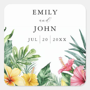 Elegante Waterverf Tropische Bloemen Trouwgunst Vierkante Sticker