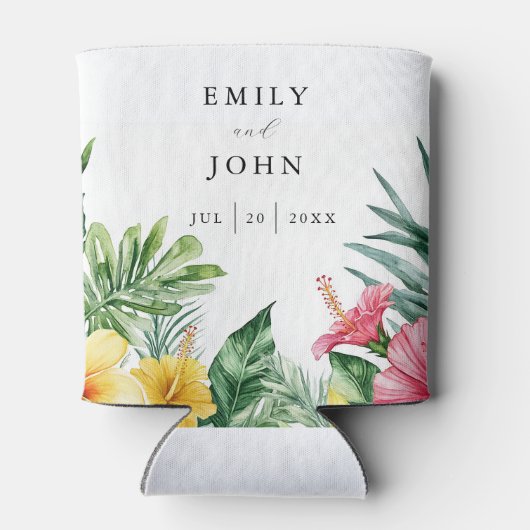 Elegante Waterverf Tropische Bloemenbruiloft Blikjeskoeler (Achterkant)