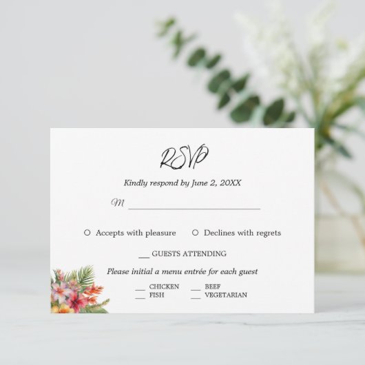 Elegante Waterverf Tropische bruiloft RSVP Kaartje (Staand voorkant)