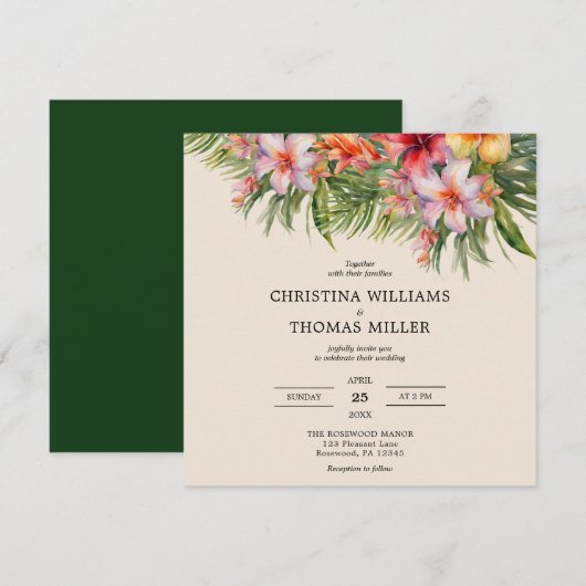 Elegante Waterverf Tropische bruiloft uitnodiging (Voorkant / Achterkant)