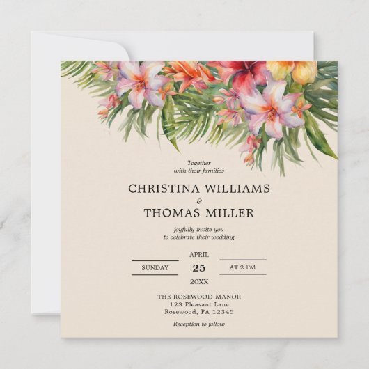 Elegante Waterverf Tropische bruiloft uitnodiging (Voorkant)
