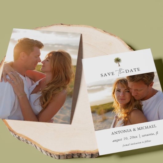 Elegante Waterverf tropische palmboom twee foto's Save The Date