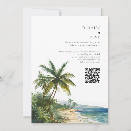 Elegante Waterverf Tropische Strand QR Code Bruilo Kaart (Achterkant)