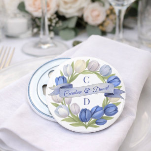 Elegante waterverf tulp krans bruiloft blauw ivoor button flesopener