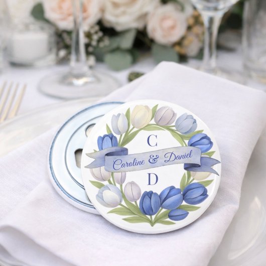 Elegante waterverf tulp krans bruiloft blauw ivoor button flesopener