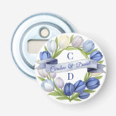 Elegante waterverf tulp krans bruiloft blauw ivoor button flesopener (Voorkant)