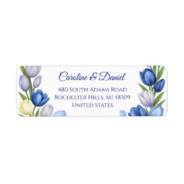 Elegante Waterverf Tulp krans bruiloft blauw ivoor Etiket