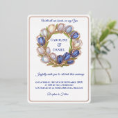 Elegante Waterverf Tulp krans bruiloft blauw ivoor Folie Uitnodiging (Staand Voorkant)