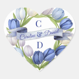 Elegante Waterverf Tulp krans bruiloft blauw ivoor Hart Sticker
