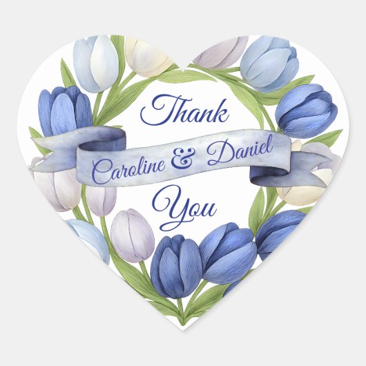 Elegante Waterverf Tulp krans bruiloft blauw ivoor Hart Sticker (Voorkant)