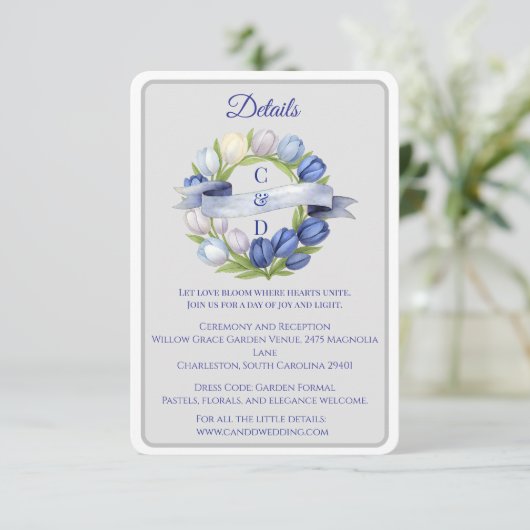 Elegante Waterverf Tulp krans bruiloft blauw ivoor Informatiekaartje (Staand voorkant)