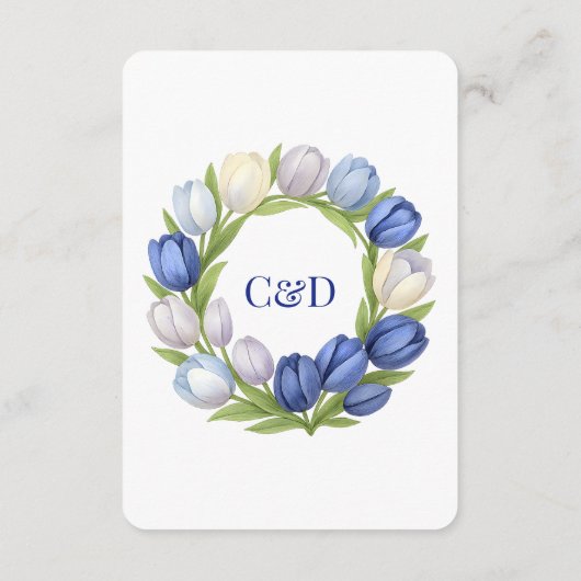 Elegante Waterverf Tulp krans bruiloft blauw ivoor Informatiekaartje (Achterkant)