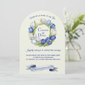Elegante Waterverf Tulp krans bruiloft blauw ivoor Kaart (Staand voorkant)