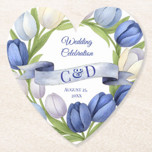 Elegante Waterverf Tulp krans bruiloft blauw ivoor Kartonnen Onderzetters