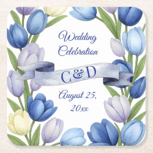 Elegante Waterverf Tulp krans bruiloft blauw ivoor Kartonnen Onderzetters