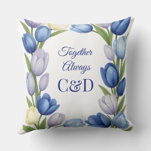 Elegante Waterverf Tulp krans bruiloft blauw ivoor Kussen (Achterkant)