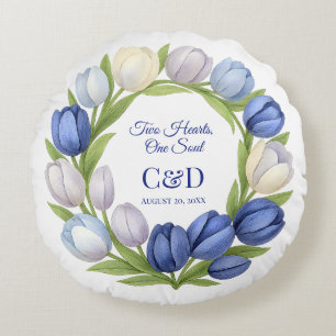 Elegante Waterverf Tulp krans bruiloft blauw ivoor Rond Kussen
