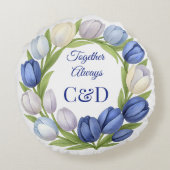 Elegante Waterverf Tulp krans bruiloft blauw ivoor Rond Kussen (Achterkant)