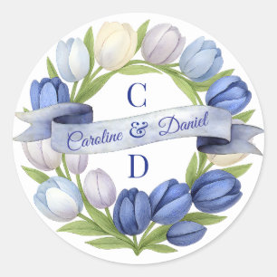 Elegante Waterverf Tulp krans bruiloft blauw ivoor Ronde Sticker